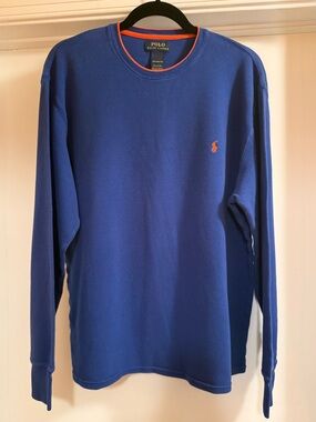 Polo Ralph Lauren Men's Waffle Knit Thermal Crewneck 2XL Royal Blue Orange Pony